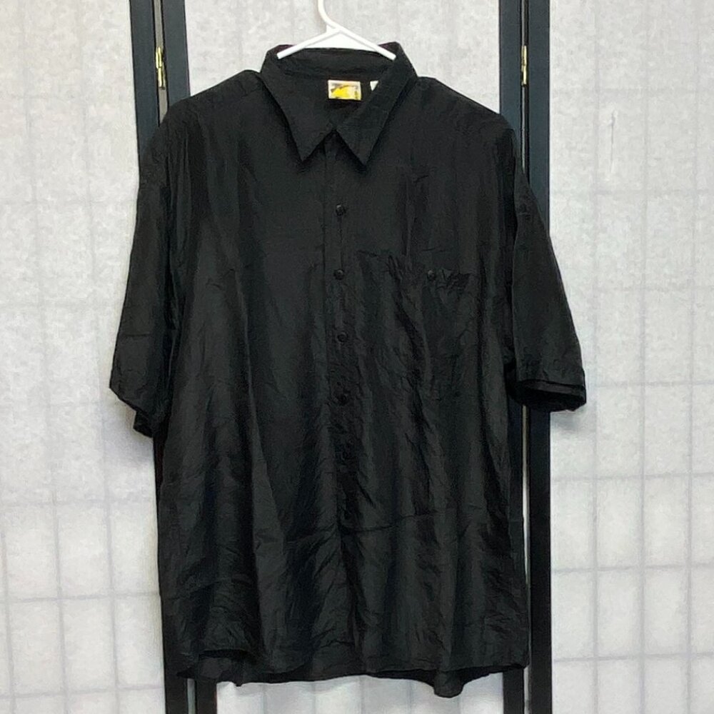Vintage Creative Edge Washable Silk Black Button Front Shirt L Short Sleeve